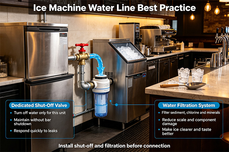 Illustration showing the proper drainage setup for an ice bin, including an air gap to the floor drain.