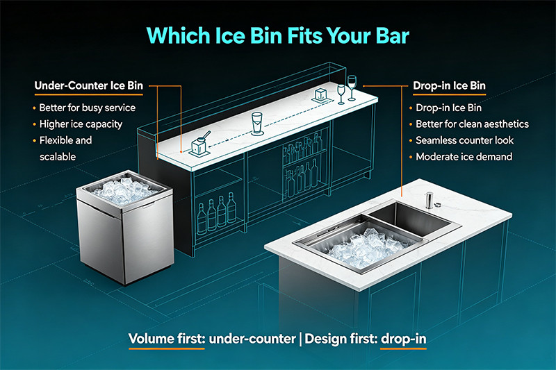 An image comparing a side-by-side view of an under-counter ice bin and a drop-in ice bin installed in a bar.