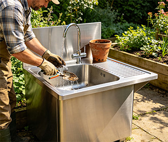 Garden tool cleaning station with stainless steel basin and faucet