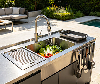 Outdoor kitchen food preparation area with metal basin