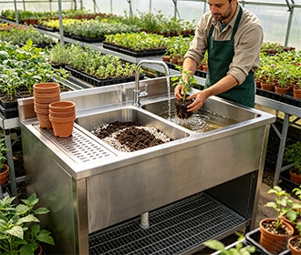 Plant watering and potting workbench near stainless steel sink