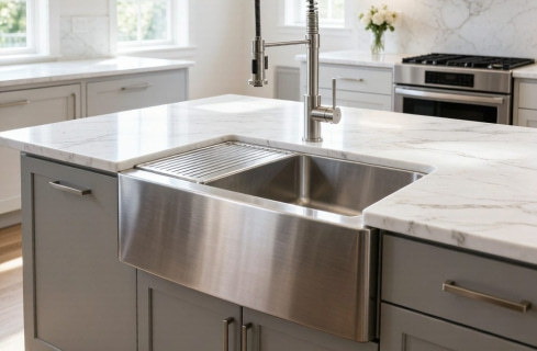 stainless steel farmhouse kitchen sink in modern kitchen