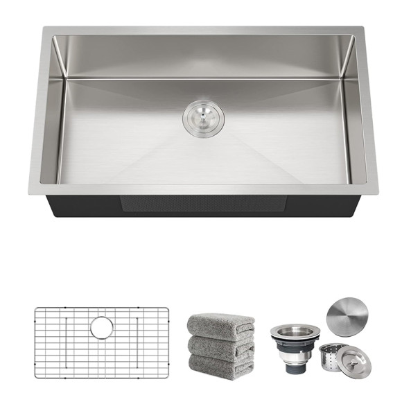 Stainless Steel Undermount Sinks16-Gauge Single-Bowl Set (5Piece set: Sink, Bottom Grid, Drain Assembly, Drain Cover, Towel)