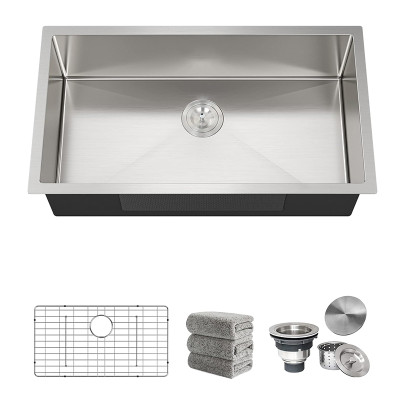 Stainless Steel Undermount Sinks16-Gauge Single-Bowl Set (5Piece set: Sink, Bottom Grid, Drain Assembly, Drain Cover, Towel)