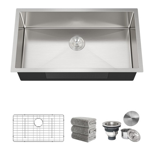 Stainless Steel Undermount Sinks16-Gauge Single-Bowl Set (5Piece set: Sink, Bottom Grid, Drain Assembly, Drain Cover, Towel)