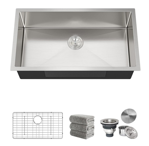 Stainless Steel Undermount Sinks16-Gauge Single-Bowl Set (5Piece set: Sink, Bottom Grid, Drain Assembly, Drain Cover, Towel)