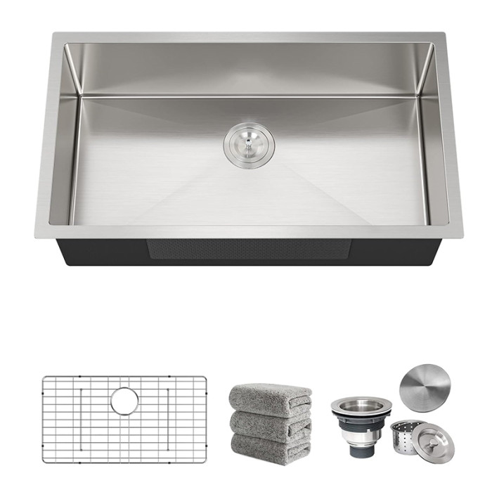Stainless Steel Undermount Sinks16-Gauge Single-Bowl Set (5Piece set: Sink, Bottom Grid, Drain Assembly, Drain Cover, Towel)