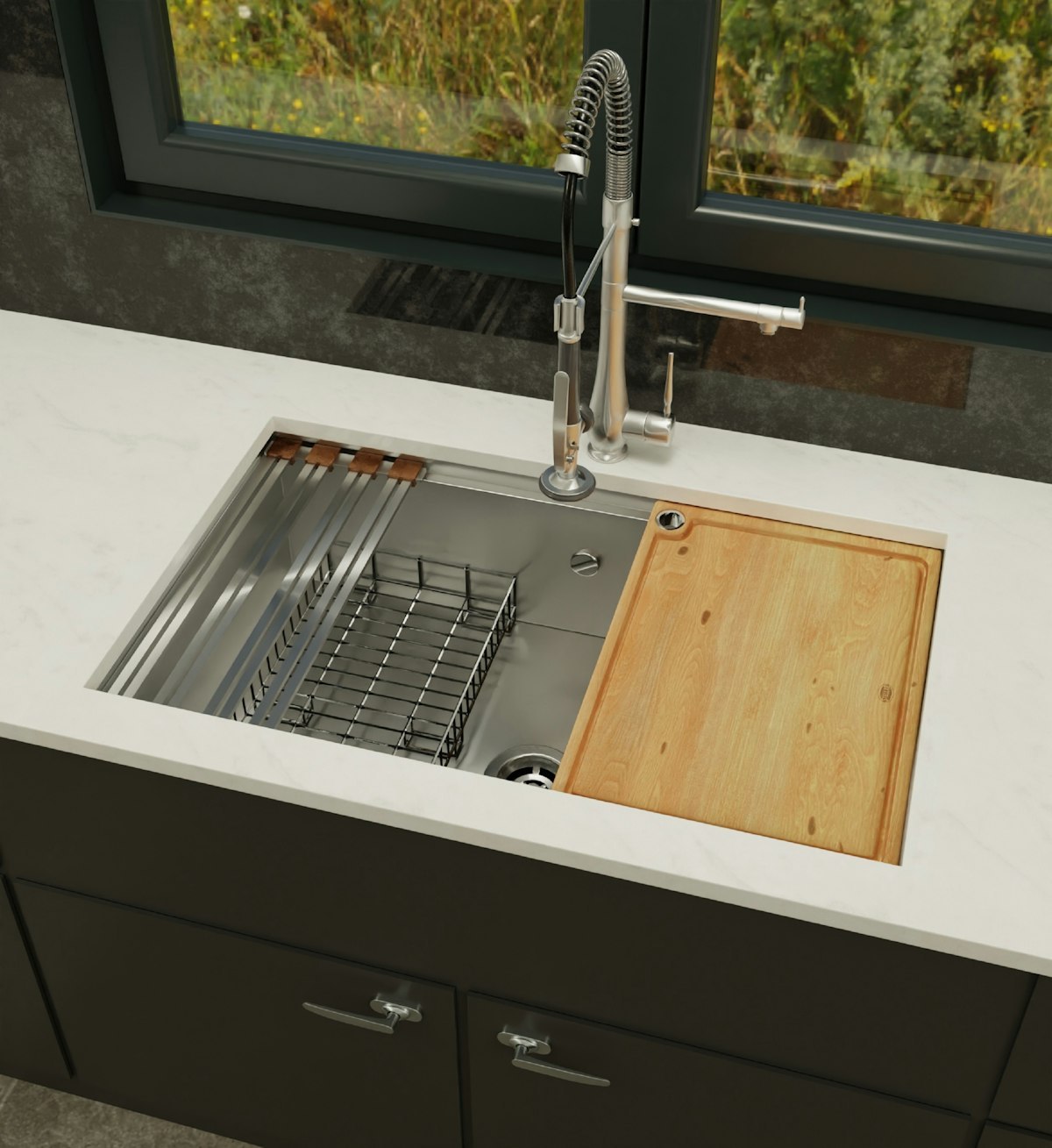 Kitchen sink with a wooden cutting board in it