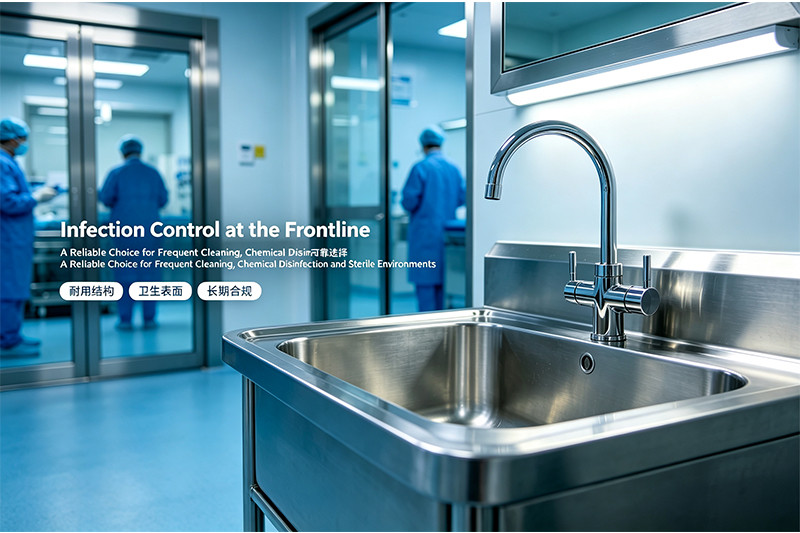 A team of surgeons using a multi-bay stainless steel scrub sink in a hospital.