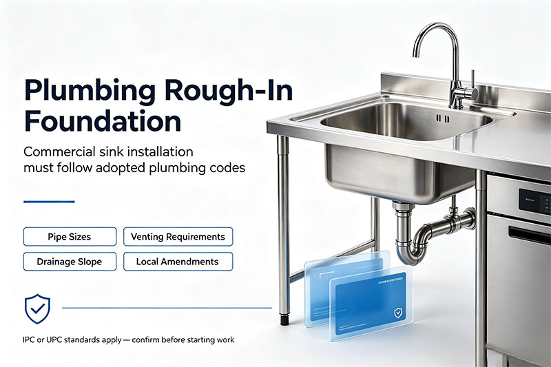Commercial sink plumbing rough-in showing P-trap and supply lines
