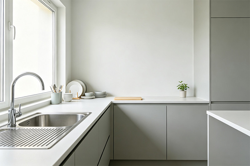 A sleek double stainless steel sink with an integrated drainboard showing neatly arranged drying dishes.