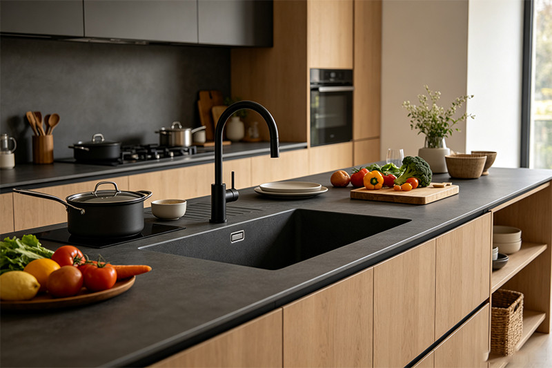 A double stainless steel sink with a brushed finish integrated into a modern kitchen countertop.