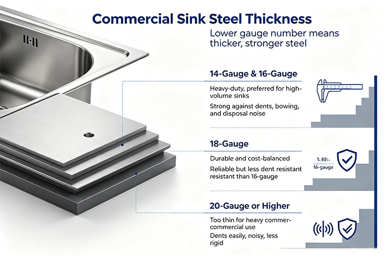 A close-up showing the thickness of 16-gauge stainless steel for a commercial sink.