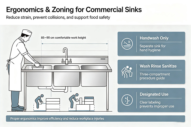 A diagram showing an efficient dirty-to-clean workflow for a three-compartment sink.