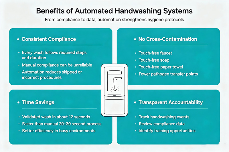 An automated, touch-free handwashing station in a commercial setting.