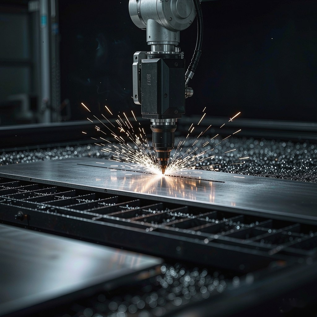 CNC laser cutting stainless steel sheet with sparks