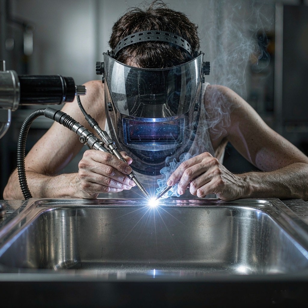 Welder performing TIG welding on a stainless steel sink