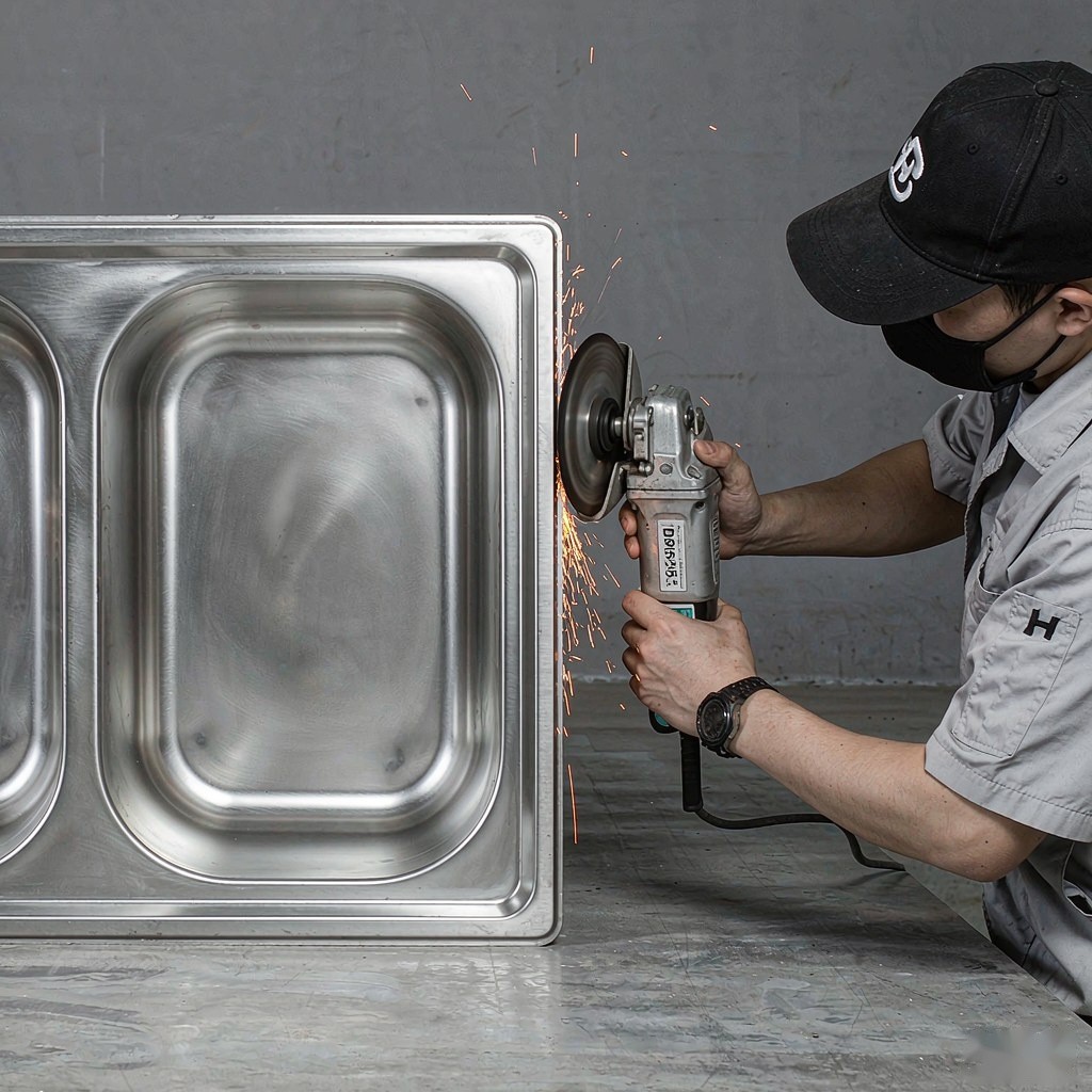 Worker polishing a stainless steel sink surface