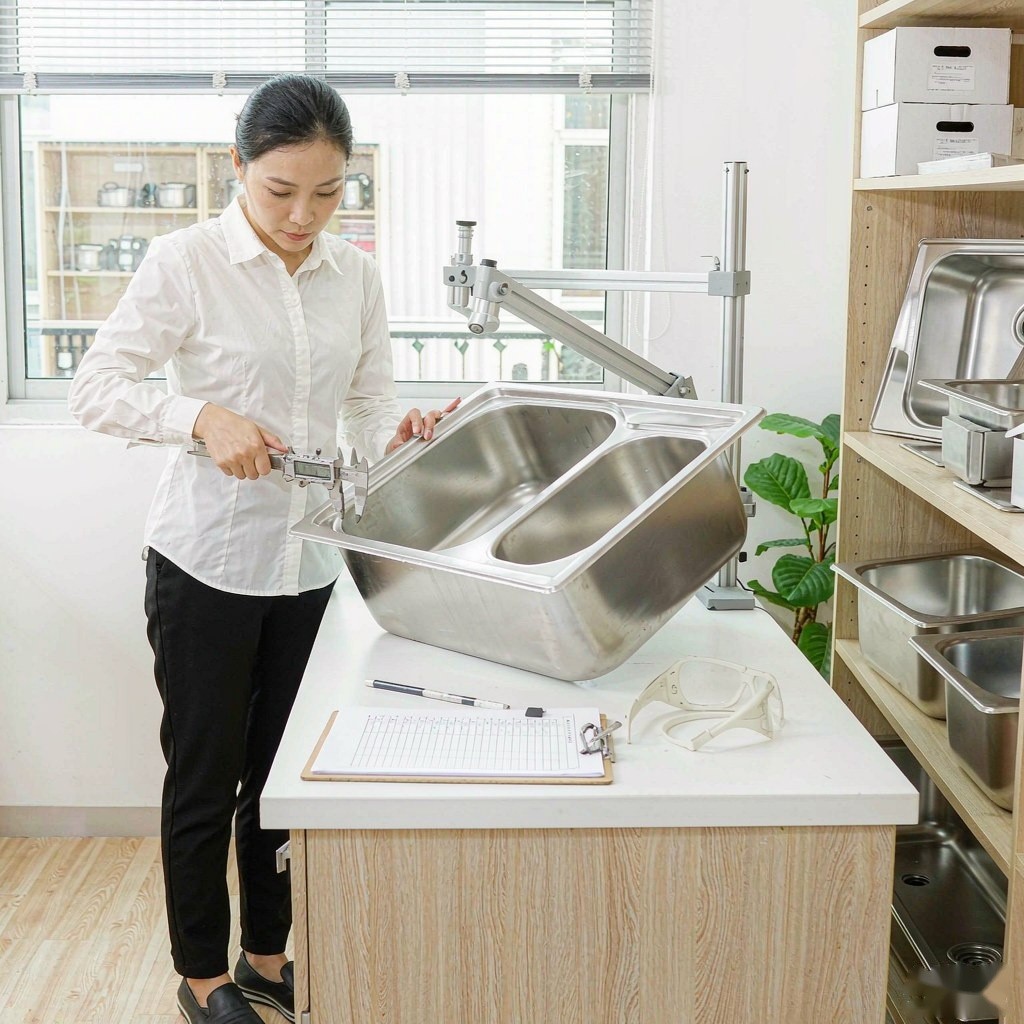 Quality inspector measuring a stainless steel sink