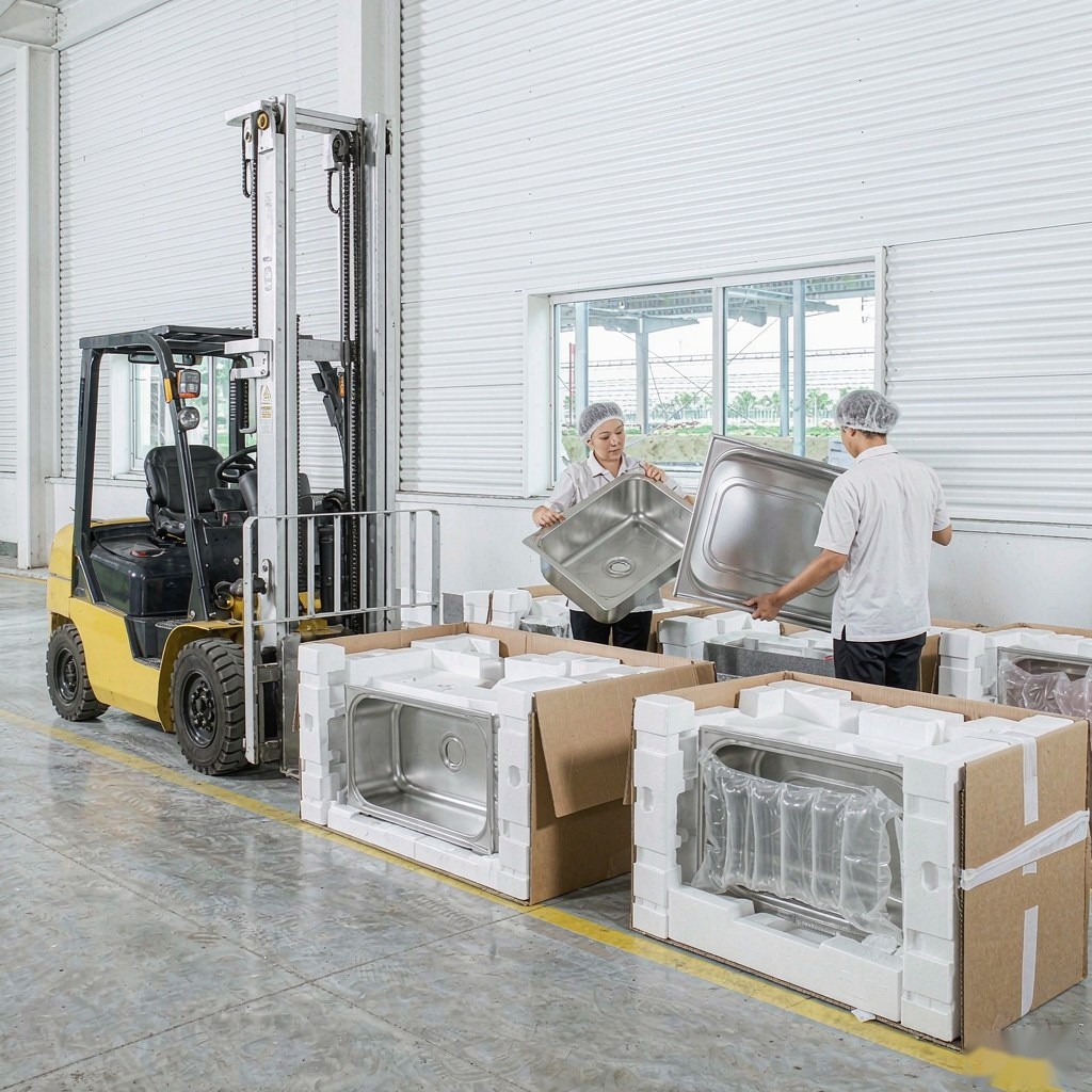 Workers packing stainless steel sinks into export cartons