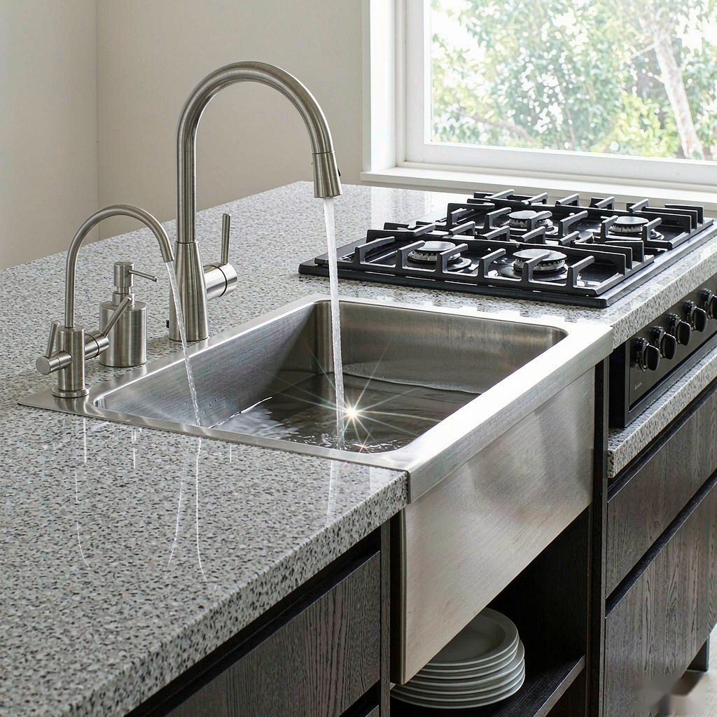 Installed stainless steel undermount kitchen sink in a modern kitchen