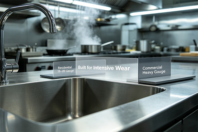 A close-up showing the thickness of 16-gauge stainless steel on the rim of a commercial sink.