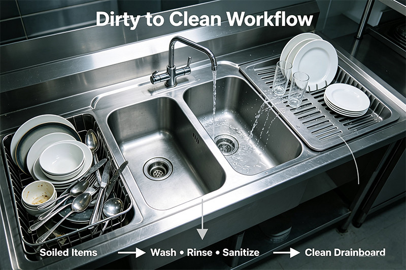 A commercial drop-in sink with an integrated grooved drainboard on one side.