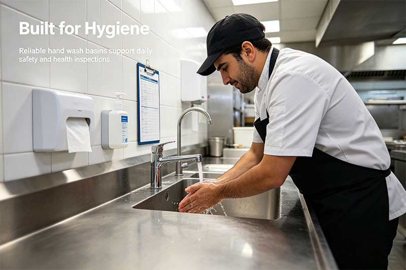 A modern commercial kitchen with a focus on a stainless steel hand wash basin being used by a chef.