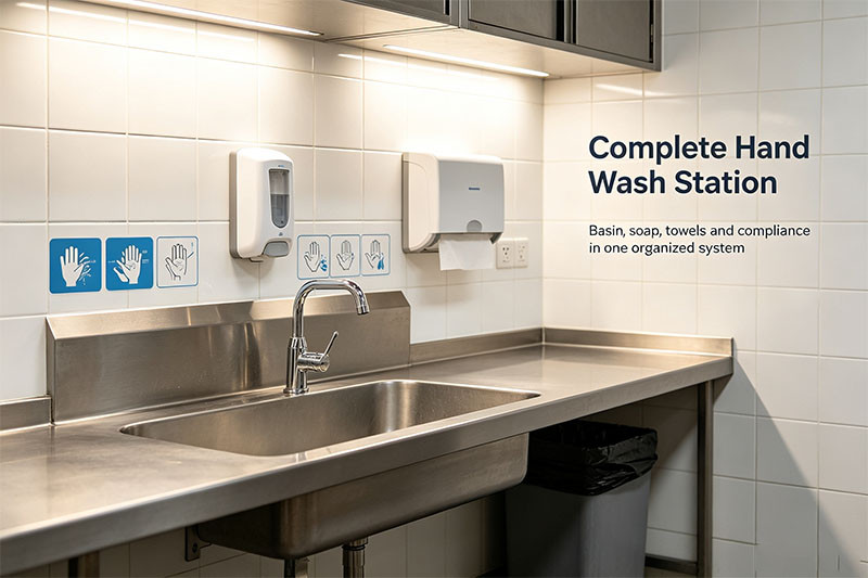 A detailed shot of a stainless steel portable hand wash basin with coved corners and an integrated soap dispenser.