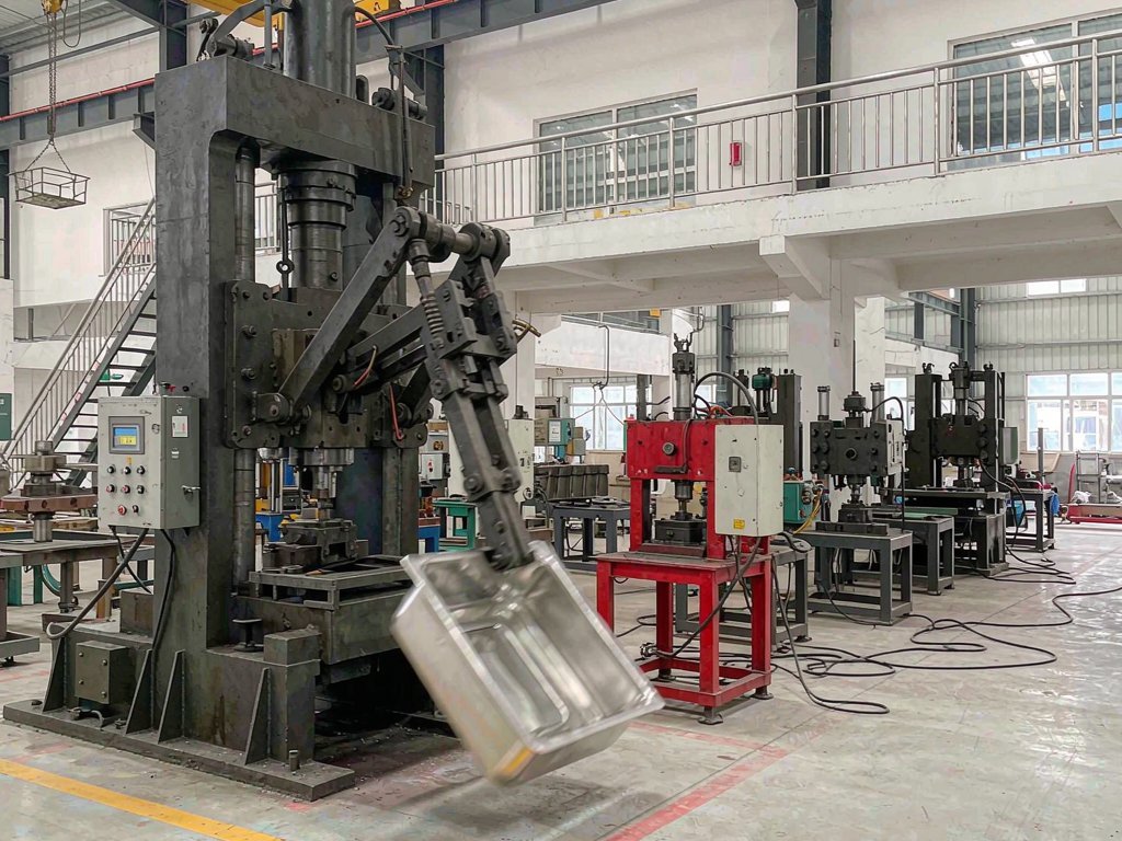 Stainless steel kitchen sink being stamped inside a Guangdong manufacturing workshop
