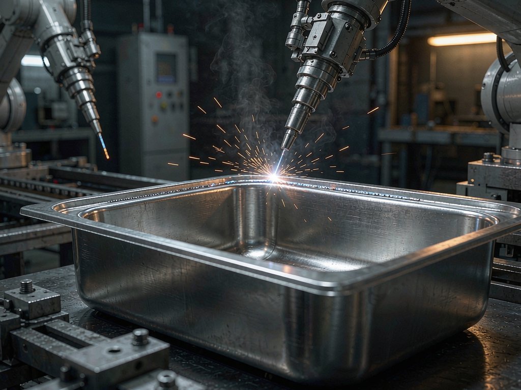 Robotic welding of a stainless steel sink basin in a modern factory