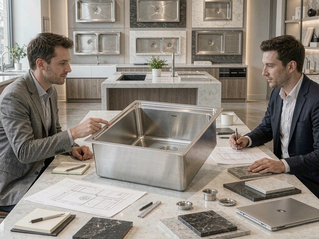 Buyer and manufacturer discussing a stainless steel farmhouse sink prototype in a showroom