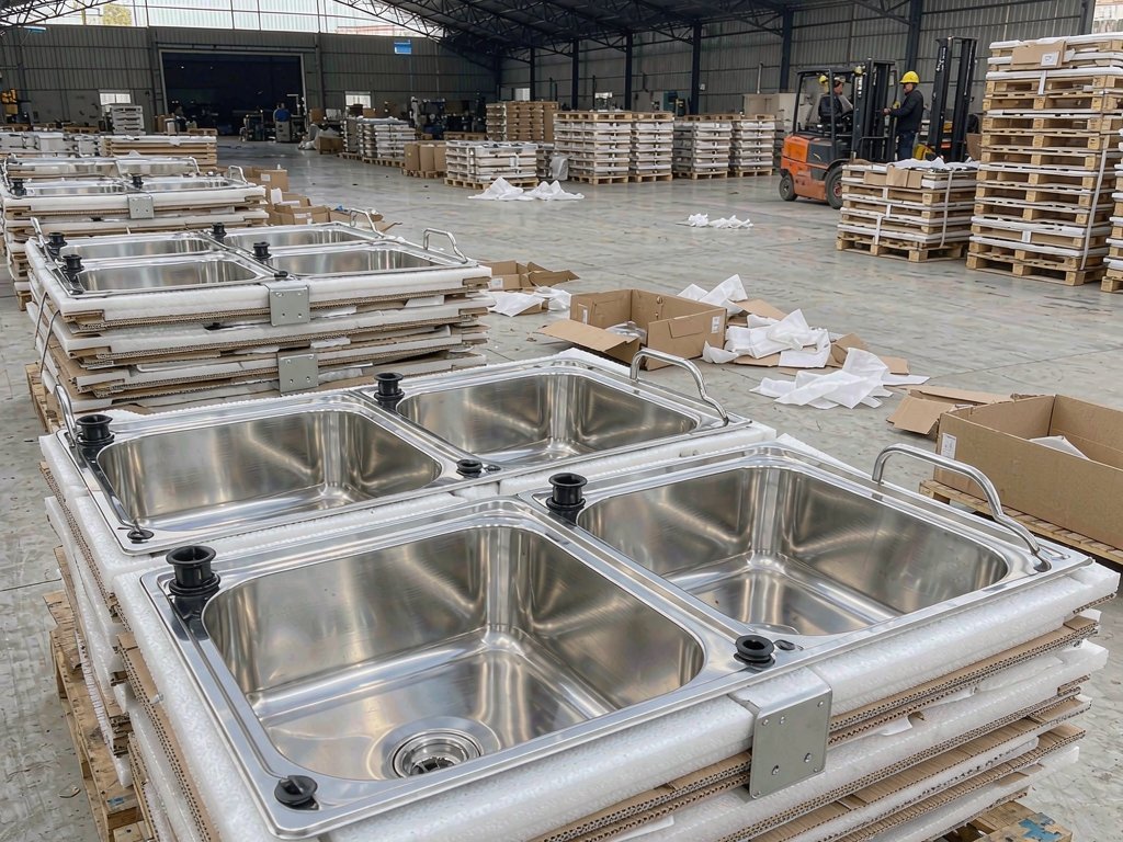Nested stainless steel sinks protected with foam prepared for export container loading