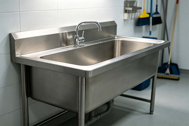 A shiny, clean, and durable stainless steel utility sink basin.