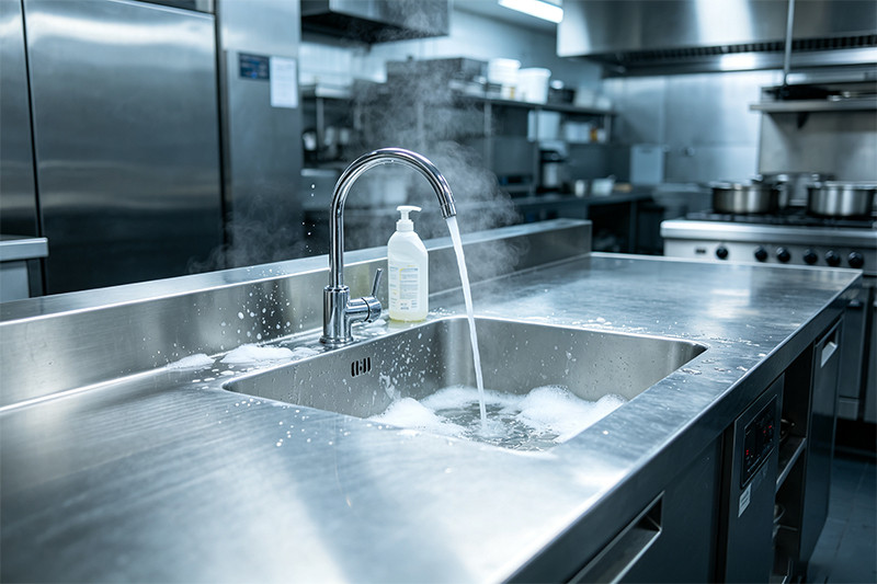 Close-up of a 304 stainless steel commercial sink A close-up shot of a gleaming 304 stainless steel sink corner, showing its smooth, non-porous surface.