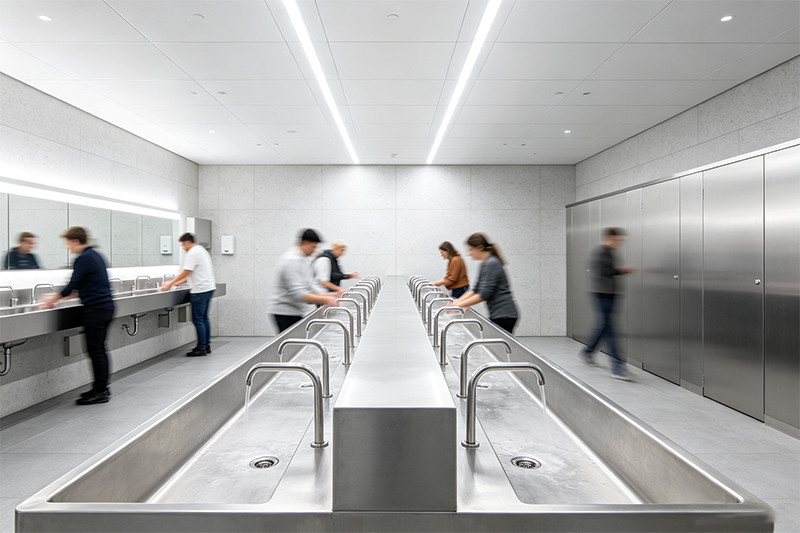 Modern multi-station trough sink A long, sleek trough sink with multiple faucets in a modern public restroom.