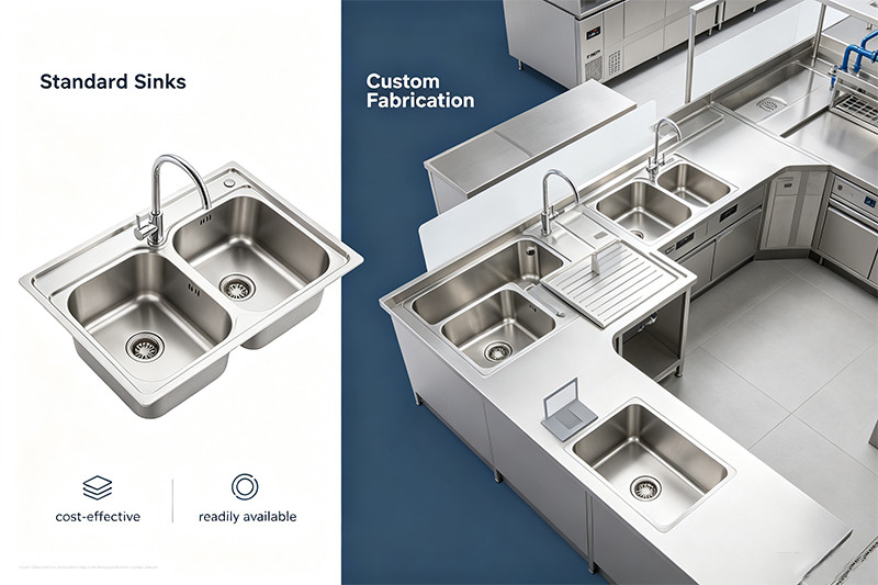 Custom-fabricated commercial stainless steel sink A custom-fabricated multi-compartment sink perfectly fitting into a commercial kitchen corner.