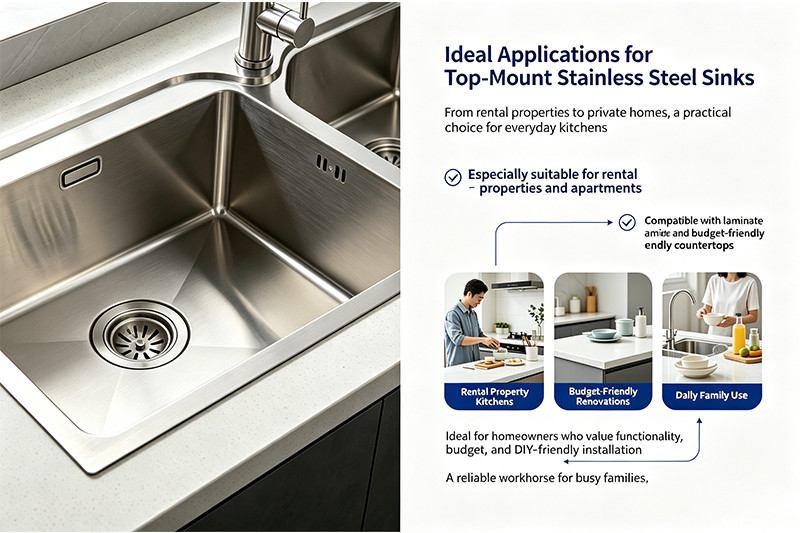A modern top mount stainless steel kitchen sink with a double bowl design.