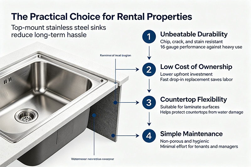 A clean and durable top mount stainless steel sink in a rental property kitchen.