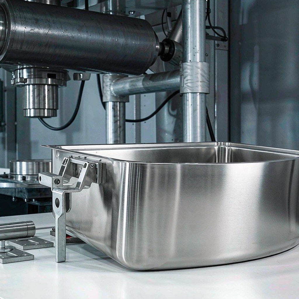 Brushed stainless steel farmhouse sink on a workbench inside the Samsink factory, production line in the background
