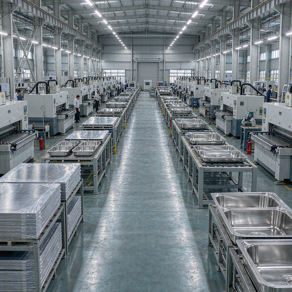 Large modern stainless steel sink production hall with rows of machines and workstations