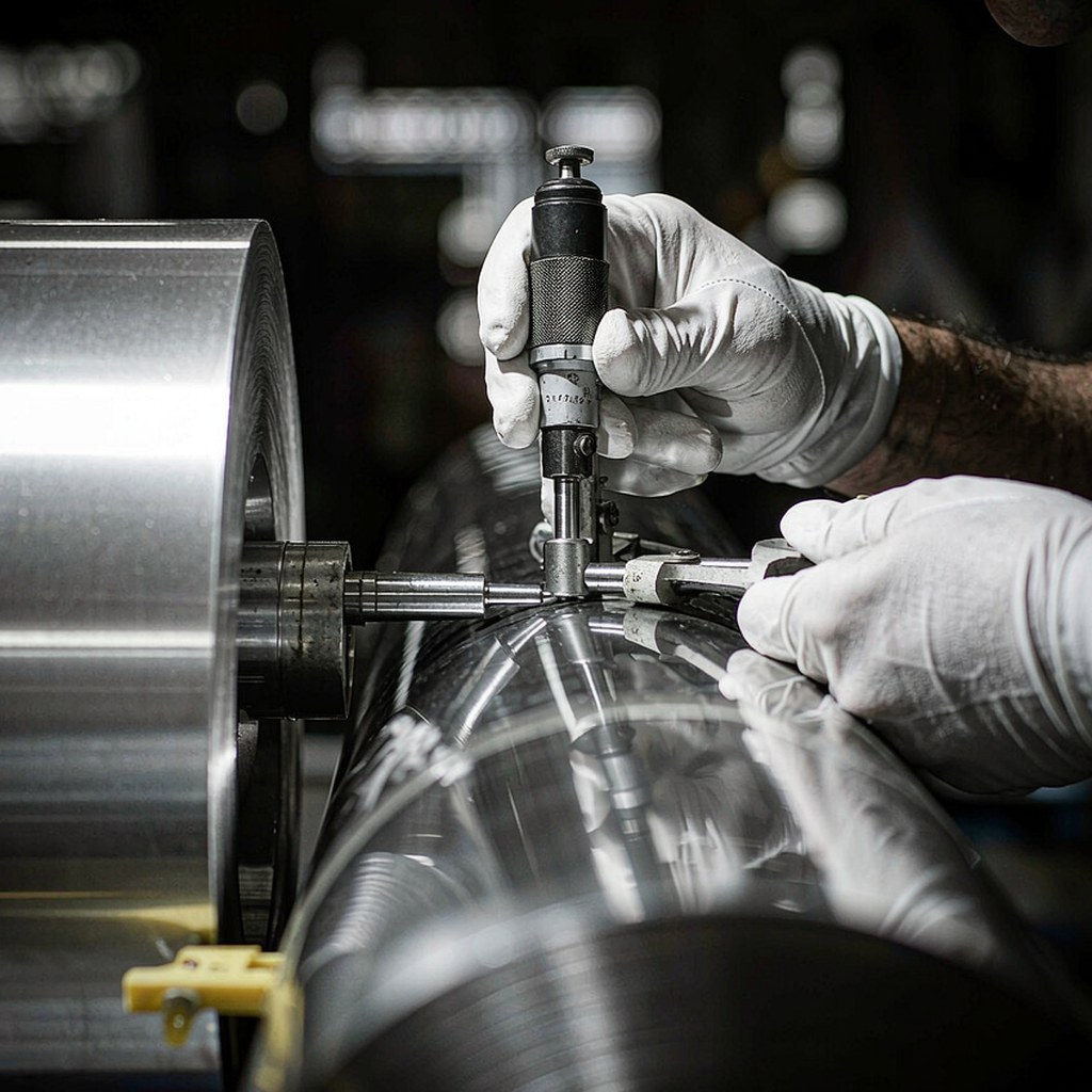Quality technician measuring a stainless steel coil during incoming material inspection