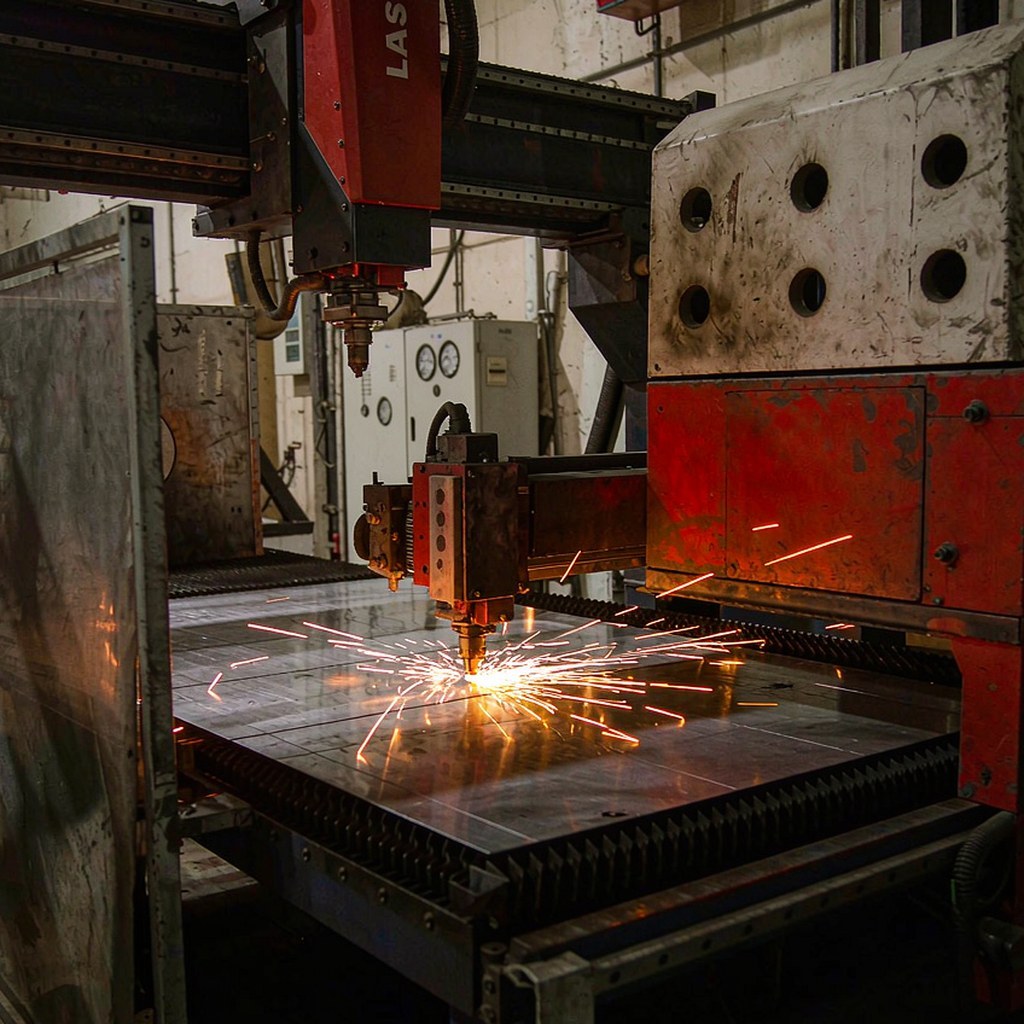 CNC laser cutting machine cutting a stainless steel sheet with sparks flying