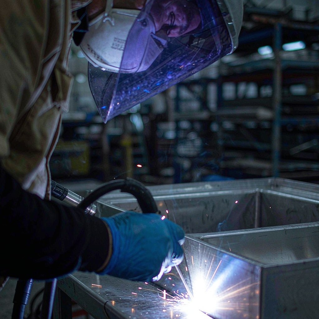 Skilled welder in protective mask TIG welding a stainless steel kitchen sink