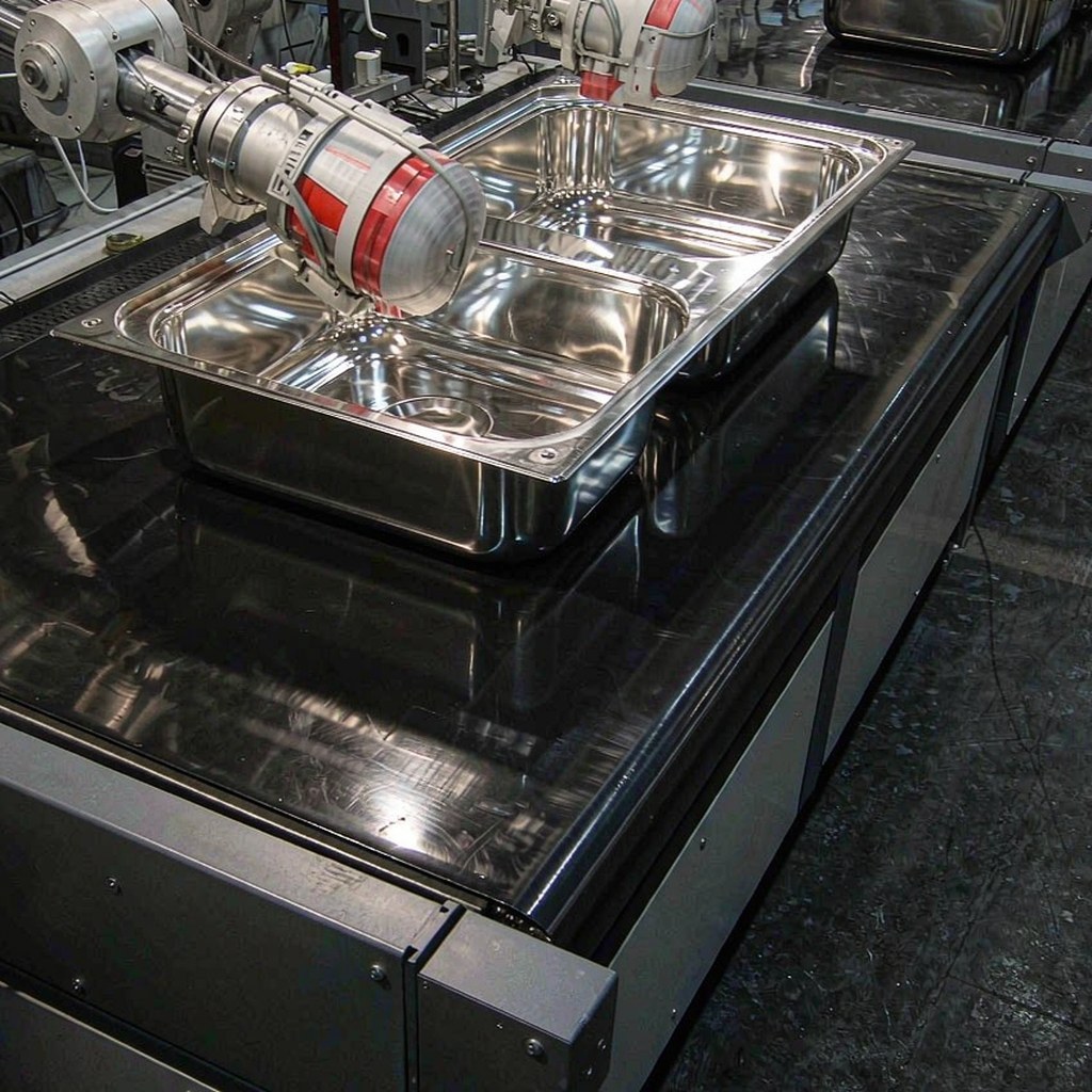 Robotic polishing machine buffing a stainless steel sink to a mirror finish