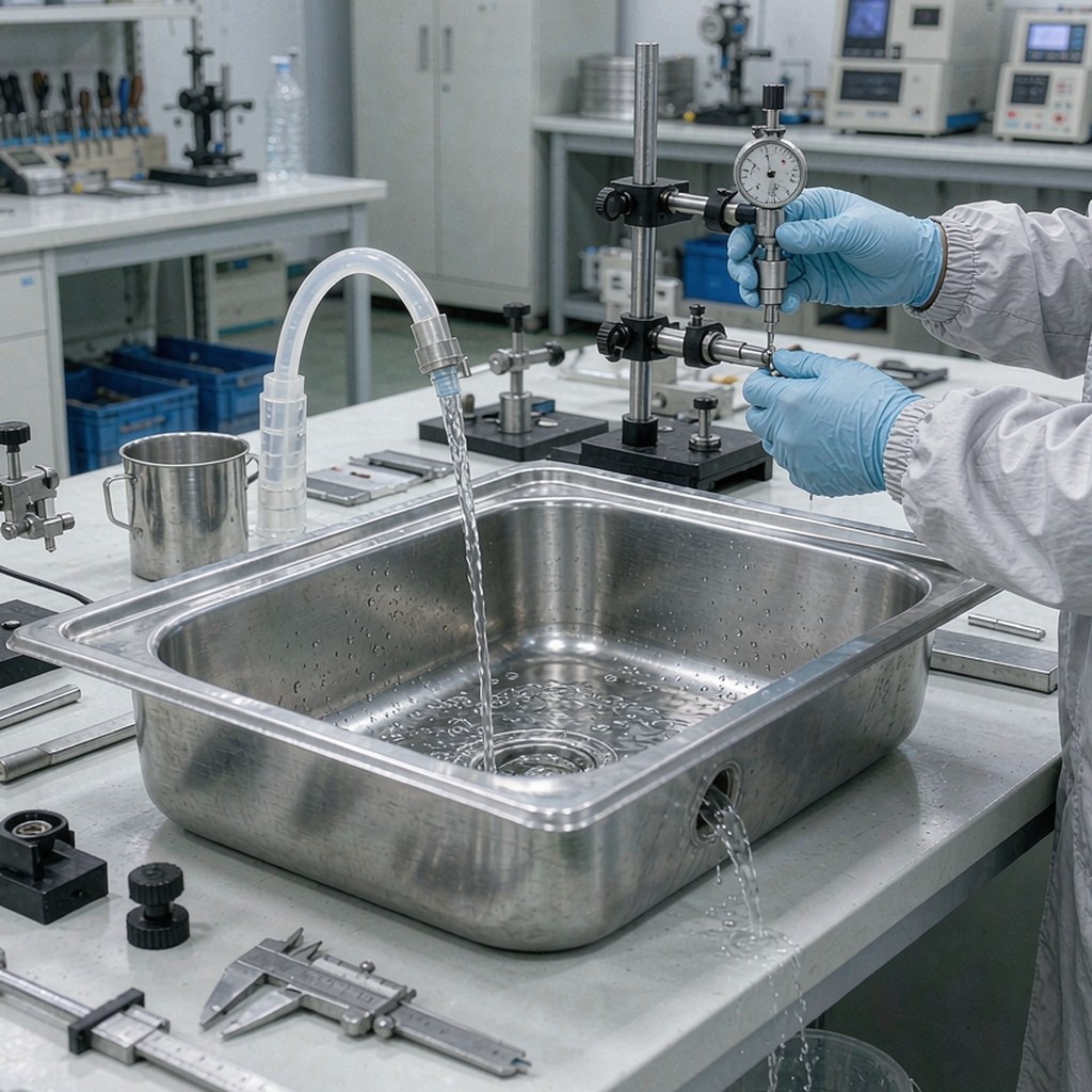 Quality inspector checking a stainless steel sink with a measuring gauge at a bright QC station