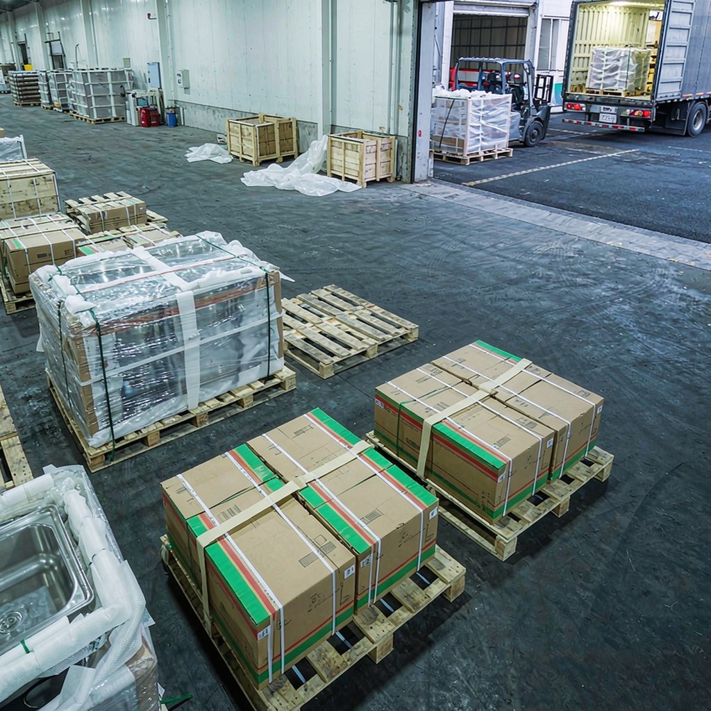 Wrapped stainless steel sinks in export cartons on pallets being loaded into a container