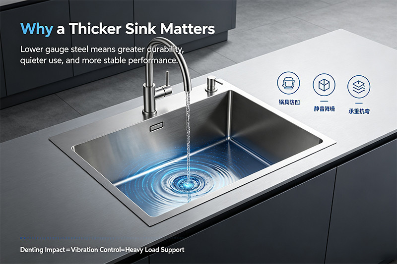 A diagram showing the inverse relationship between gauge number and steel thickness for a kitchen sink