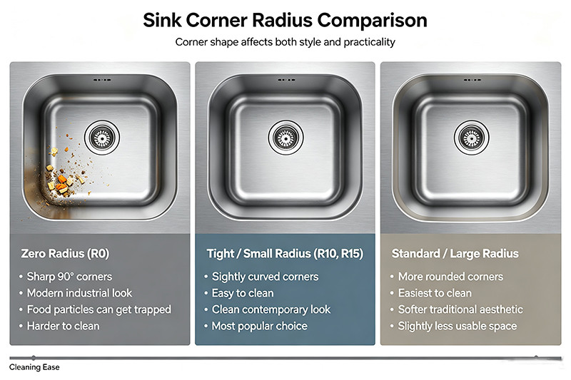A visual comparison of zero radius, tight radius, and standard radius kitchen sink corners.