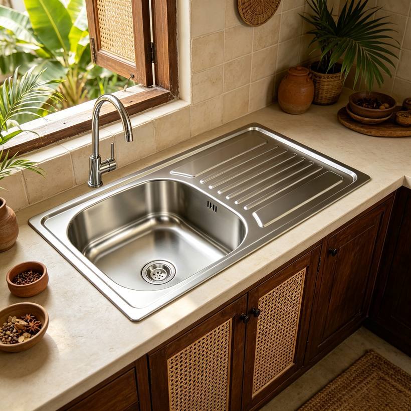 Stainless steel single sink with drainboard installed in a modern timber kitchen